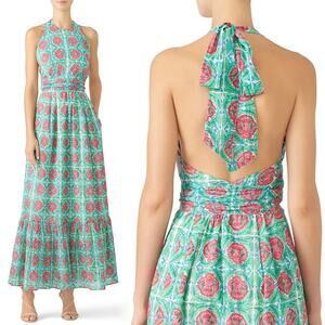 Banjanan Capri Dress Floral Print Sleeveless Halter Neck Maxi Green & Red XL